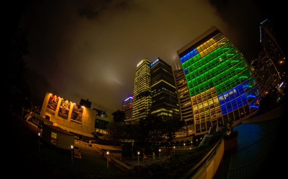 The City Hall at night under the fish eye